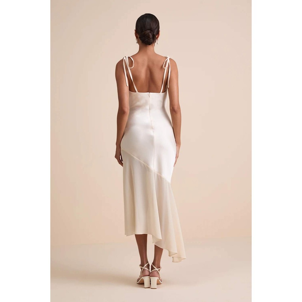 Lulus Enara Cream Satin Mesh Tie-Strap Asymmetrical Midi Dress Size XL - Picture 3 of 8
